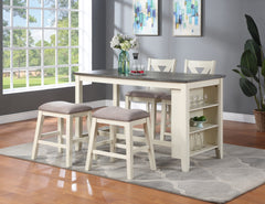 Modern Contemporary 5pc Counter Height High Dining Table wirh Storage Shelves, High Chairs & Stools, Off White