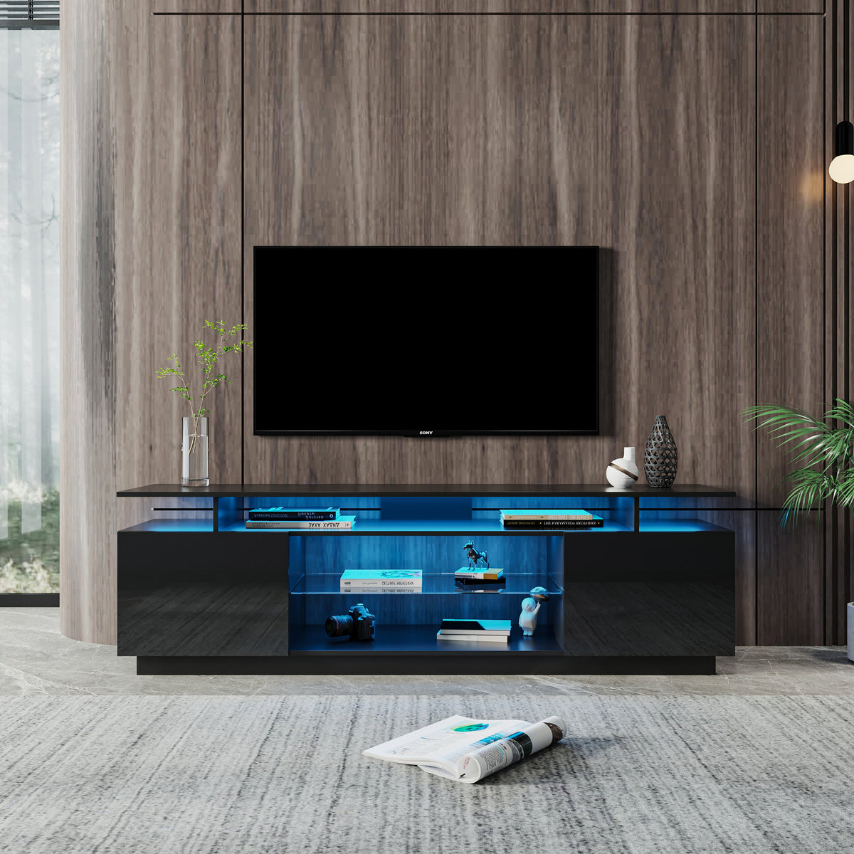 TV Stand with 2 Storage Cabinets & Open Shelves for 80 Inch TV, Black