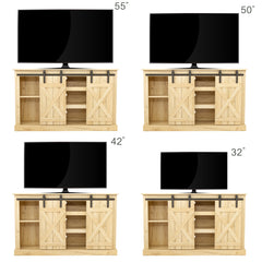 Farmhouse TV Stand with Sliding Barn Doors & Flat Screen for 60 Inch TV, Light Brown