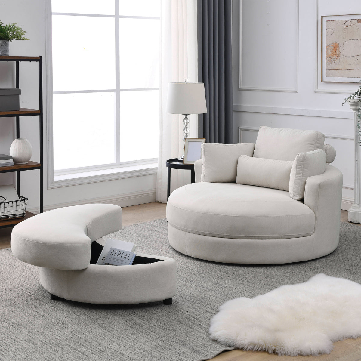 Swivel Accent Barrel Modern Sofa Lounge Club Big Round Chair with Storage Ottoman, Pillows, Beige