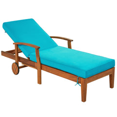 78.8" Outdoor Solid Wood Chaise Lounge Patio Reclining Daybed with Cushion, Wheels and Sliding Cup Table & Bule Cushion