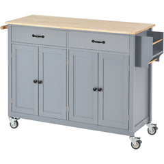 54.3" Kitchen Island Cart with Solid Wood Top, Locking Wheels, 4 Door Cabinets, Two Drawers, Spice Rack & Towel Rack, Grey Blue