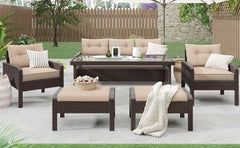 6-Piece Outdoor Rattan Sofa Set with Dining Table, Removable Cushions and Tempered Glass Tea Table, Brown Wicker+Light Coffee Cushion