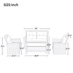 4 Piece Patio Wicker Sectional Sofa with 2 Ottomans, 1 Table & Gray Cushions
