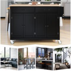 54.3" Kitchen Island Cart with Solid Wood Top, Locking Wheels, 4 Door Cabinets, Two Drawers, Spice Rack & Towel Rack, Black