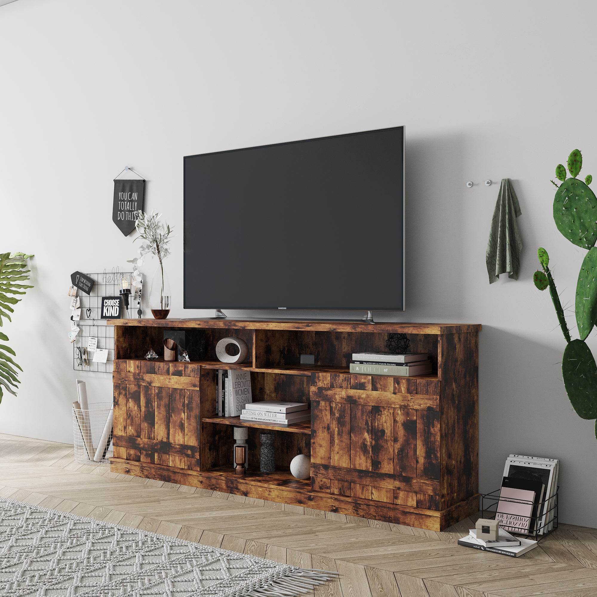 Modern Wood TV Stand with 3 Layers of Open Shelves & 2 Large-capacity Cabinets, Walnut