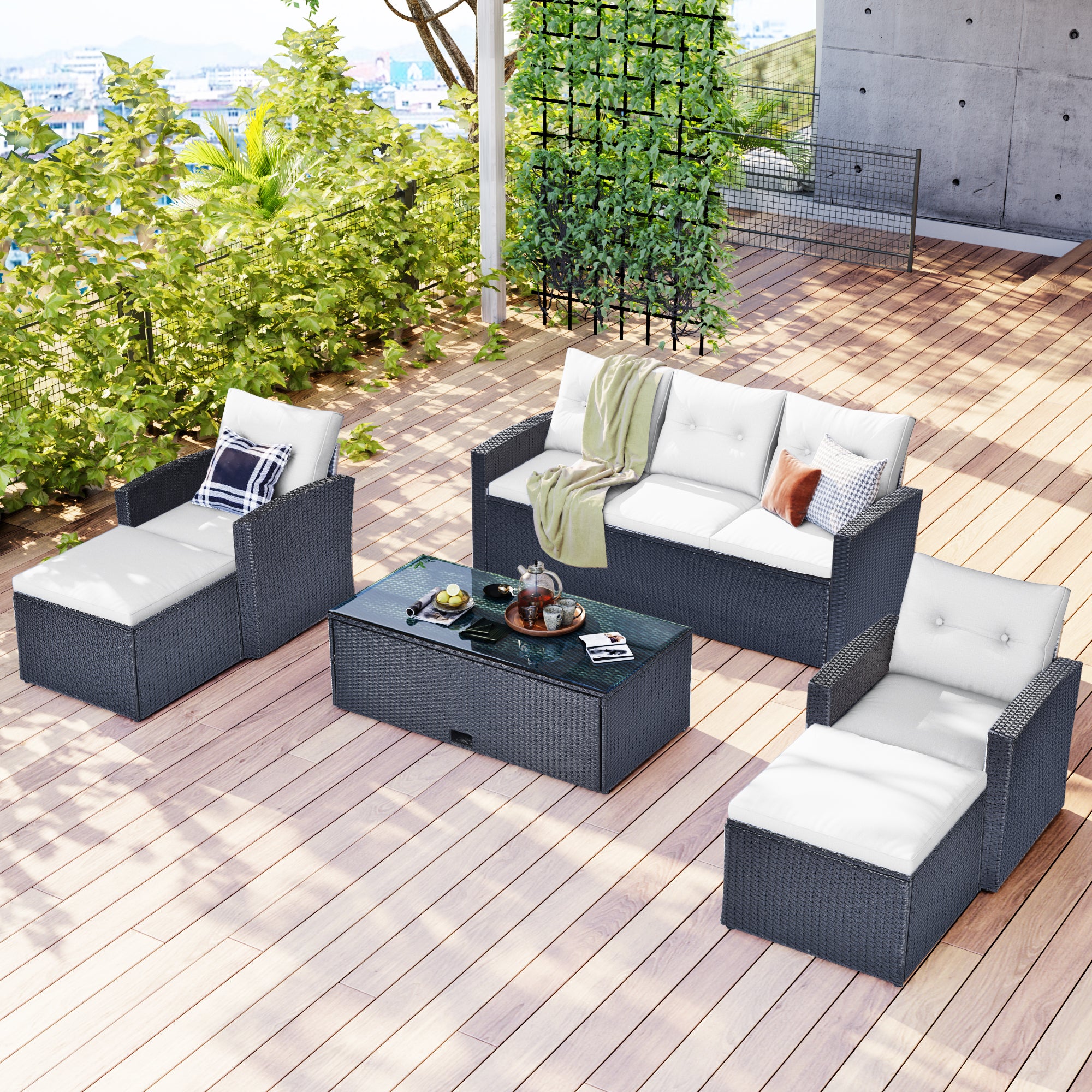 6 Piece Outdoor Sectional Sofa Set with Coffee table, Ottomans, Cushions, Black Wicker, White Cushions