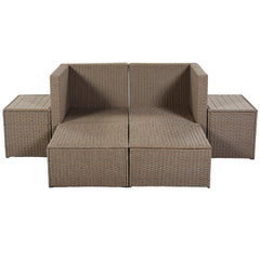 6-Piece Outdoor Rattan Sectional Sofa Set with 2 Tea Tables, Brown Wicker+Beige Cushion