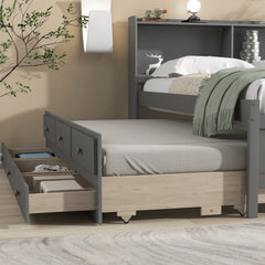 Full Bed with Bookcase,Twin Trundle with Drawers, Gray