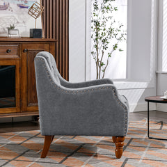 NOBLEMOOD Accent Chair with Vintage Brass Studs and Wood Legs, Button Tufted Upholstered Armchair, Gray