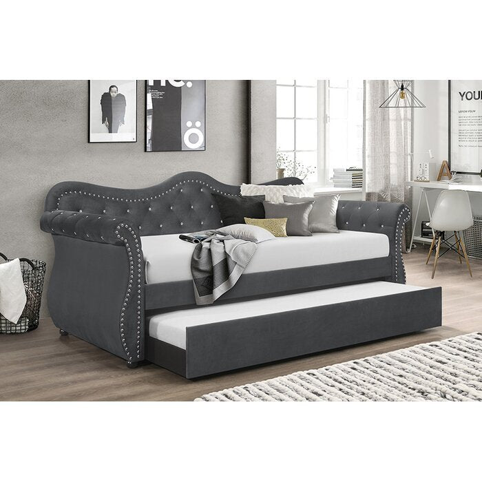 NOBLEMOOD Upholstered Velvet Daybed with Trundle, Twin Size Daybed with Rolled Armrest, Curved Backrest and Neilhead for Living Room, Guest Room, Gray