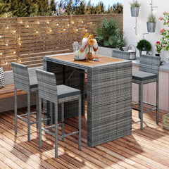 5-pieces Patio Wicker Bar Set, Bar Height Chairs With Non-Slip Feet And Fixed Rope, Removable Cushion, Acacia Wood Table Top, Brown Wood And Gray Wicker