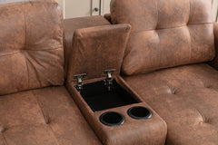 Living Room Sectional Sofa with Storage Chaise, Hidden Cup Holders, Side Bag Pockets, Brown