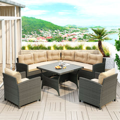 6-Piece Outdoor Wicker Sofa Set, Patio Rattan Dinning Set with Thick Cushions and Pillows, Plywood Table Top, Beige Cushion