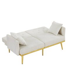 Velvet Sofa Couch Bed with Reclining Backrest and Throw Pillow, Cream White