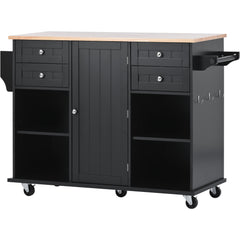 52.8" Width Kitchen Island Cart with Spice Rack, Towel Rack, Drawer, Rubber Wood Desktop & 5 Wheels Including 4 Lockable Wheels, Black