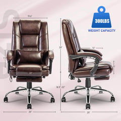 4-Point Massage Ergonomic Office Chair with Heating, Reclining Backrest, Retractable Footrest & Pillow, Brown