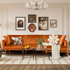 Convertible Sectional Sofa, Velvet Sleeper Couch Bed with 3-Level Reclining Backrest, Storage & Ottoman, Orange