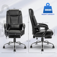 Big and Tall Reclining Ergonomic Office Chair w/ 4 Points Massage, 122℉ Heating, Retractable Footrest & Pillow, Black