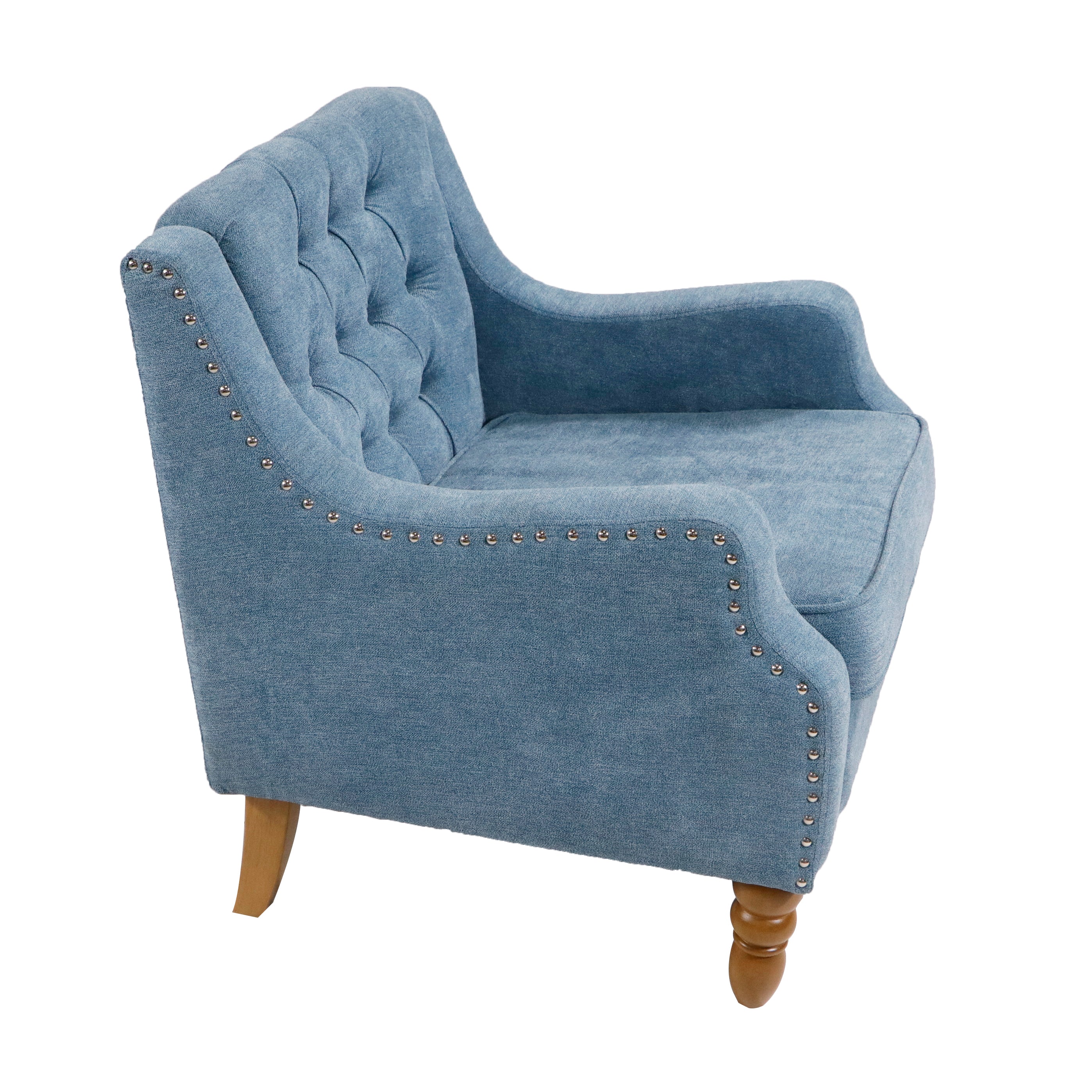 NOBLEMOOD Accent Chair with Vintage Brass Studs and Wood Legs, Button Tufted Upholstered Armchair, Blue