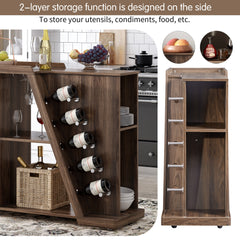 Kitchen Island Cart on Wheels with Adjustable Shelf & 5 Wine Holders, Brown