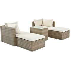 5-Piece Patio Wicker Sectional Sofa Set with Ottomans and Cushions, Brown Rattan