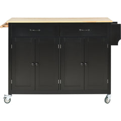 54.3" Kitchen Island Cart with Solid Wood Top, Locking Wheels, 4 Door Cabinets, Two Drawers, Spice Rack & Towel Rack, Black