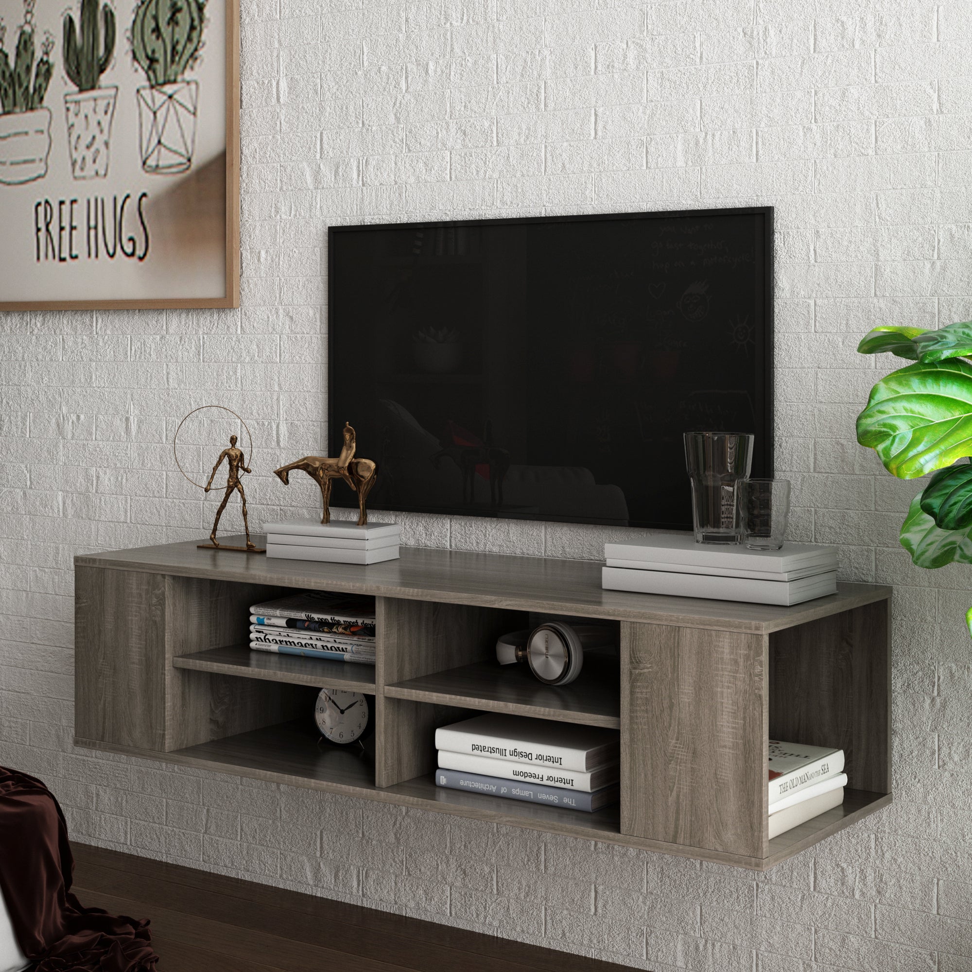 Wall Mounted & Floating TV Stand with Height Adjustable Component Shelf, Walnut