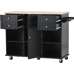 52.8" Width Kitchen Island Cart with Spice Rack, Towel Rack, Drawer, Rubber Wood Desktop & 5 Wheels Including 4 Lockable Wheels, Black