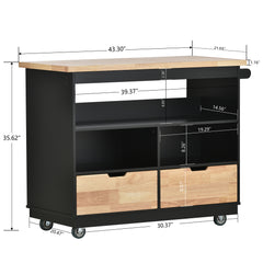 Rolling Mobile Kitchen Island with Solid Wood Top, 2 Drawers & Tableware Cabinet, Black