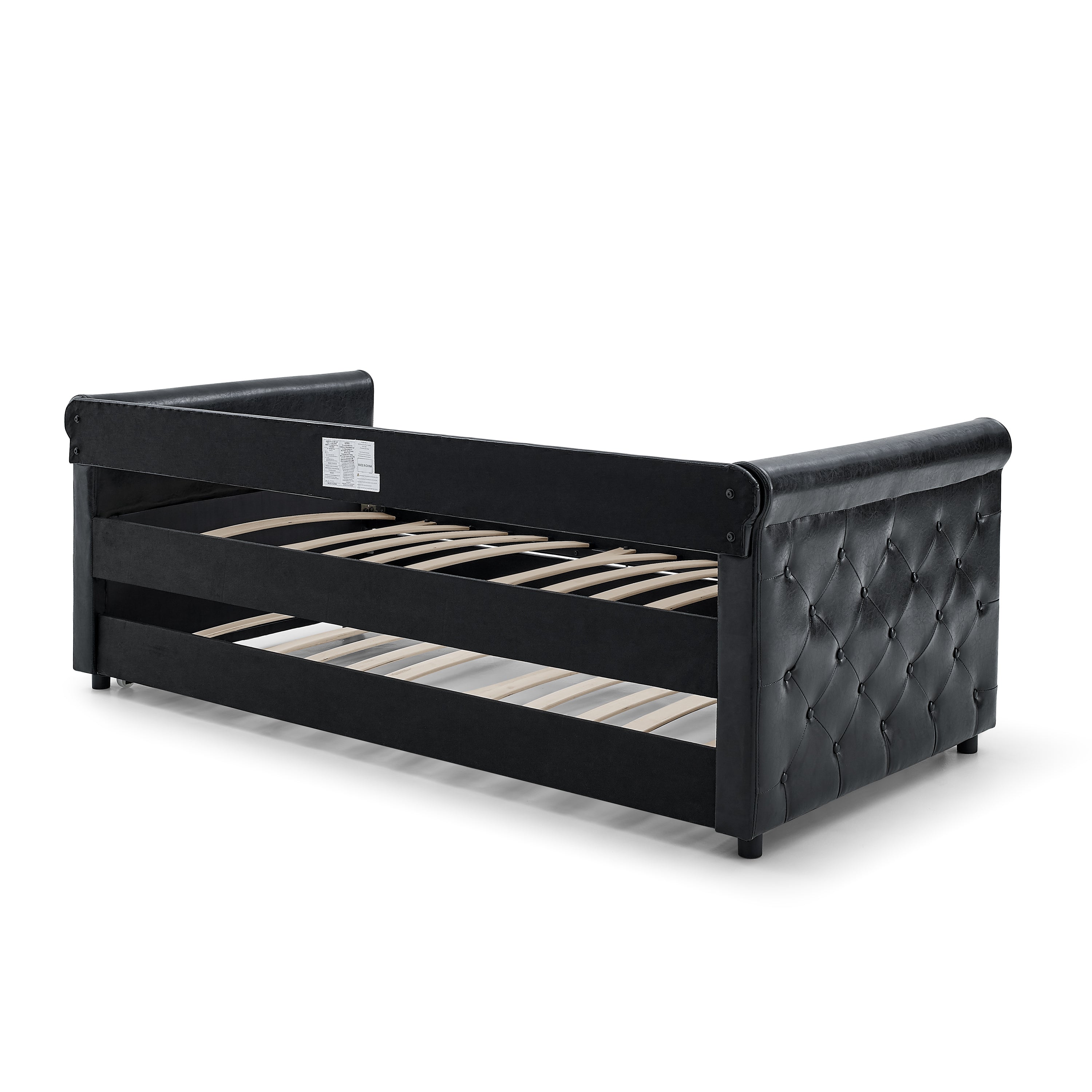 NOBLEMOOD Twin Size Daybed with Twin Size Trundle Upholstered Tufted Sofa Bed, Black PU Leather