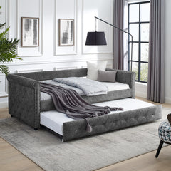 NOBLEMOOD Twin Size Daybed with Twin Size Trundle Upholstered Tufted Sofa Bed, Grey