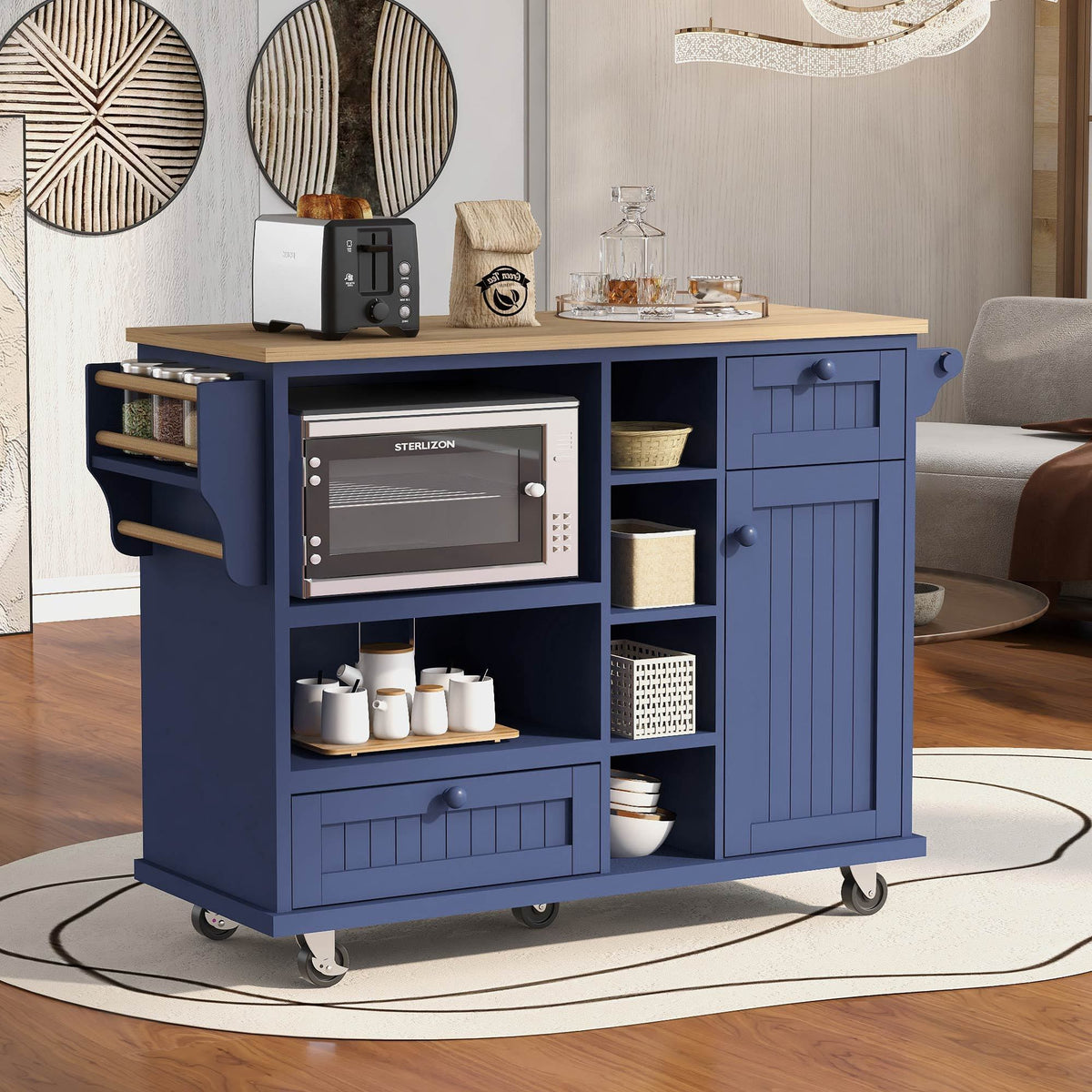 Kitchen Island Cart with Storage Cabinet & Two Locking Wheels, Solid Wood Desktop, Microwave Cabinet, Dark Blue