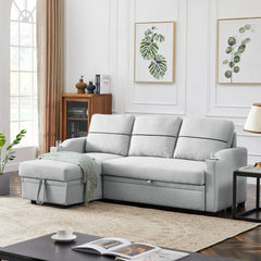 Linen Sofa Couch with Chaise Lounge & Pull-out Storage Bin, Light gray