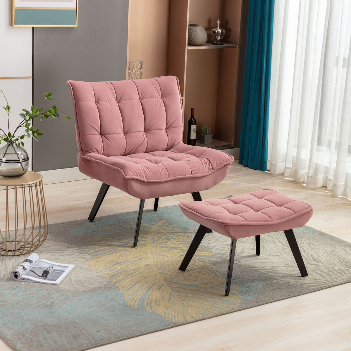 Modern Soft Velvet Fabric Accent Chair with Ottoman Black Legs, Pink