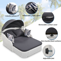 79.9" Outdoor Sunbed with Adjustable Canopy, Double lounge, PE Rattan Daybed, White Wicker, Gray Cushion