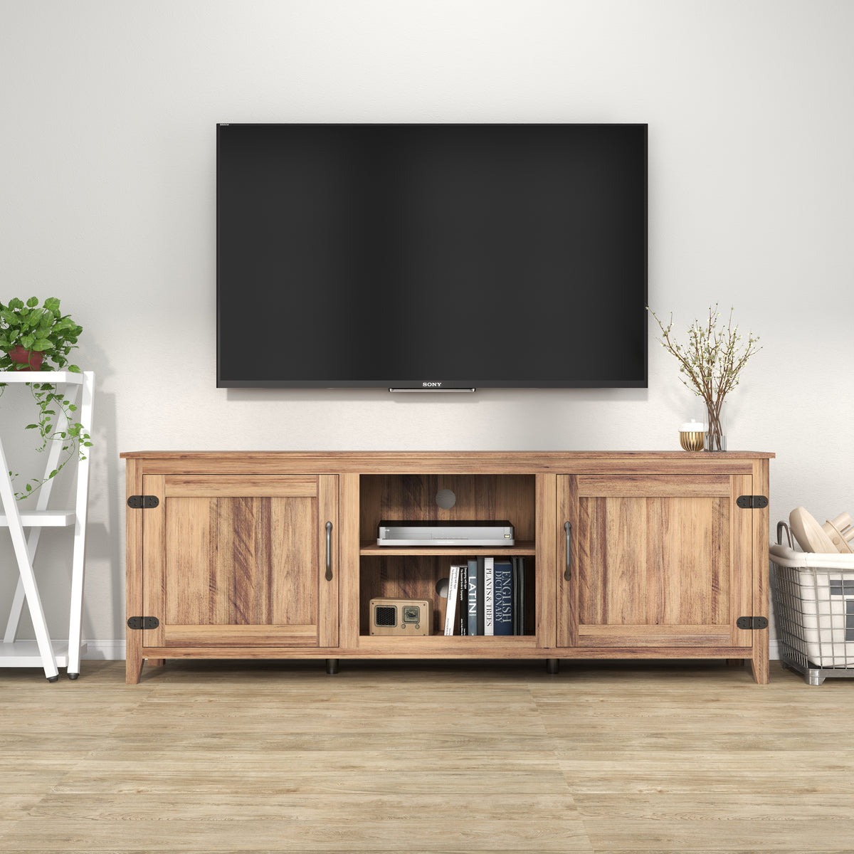 Traditional Wood TV Stand with Two Doors, Light Brown