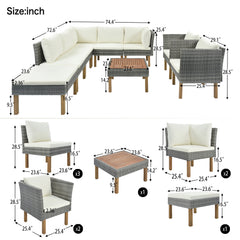 9-Piece Outdoor Gray Rattan Sofa Set with Wood Legs, Acacia Wood Tabletop, Armrest Chairs with Beige Cushions