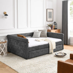 NOBLEMOOD Full Daybed with Twin Trundle Upholstered Tufted Sofa Bed, Grey