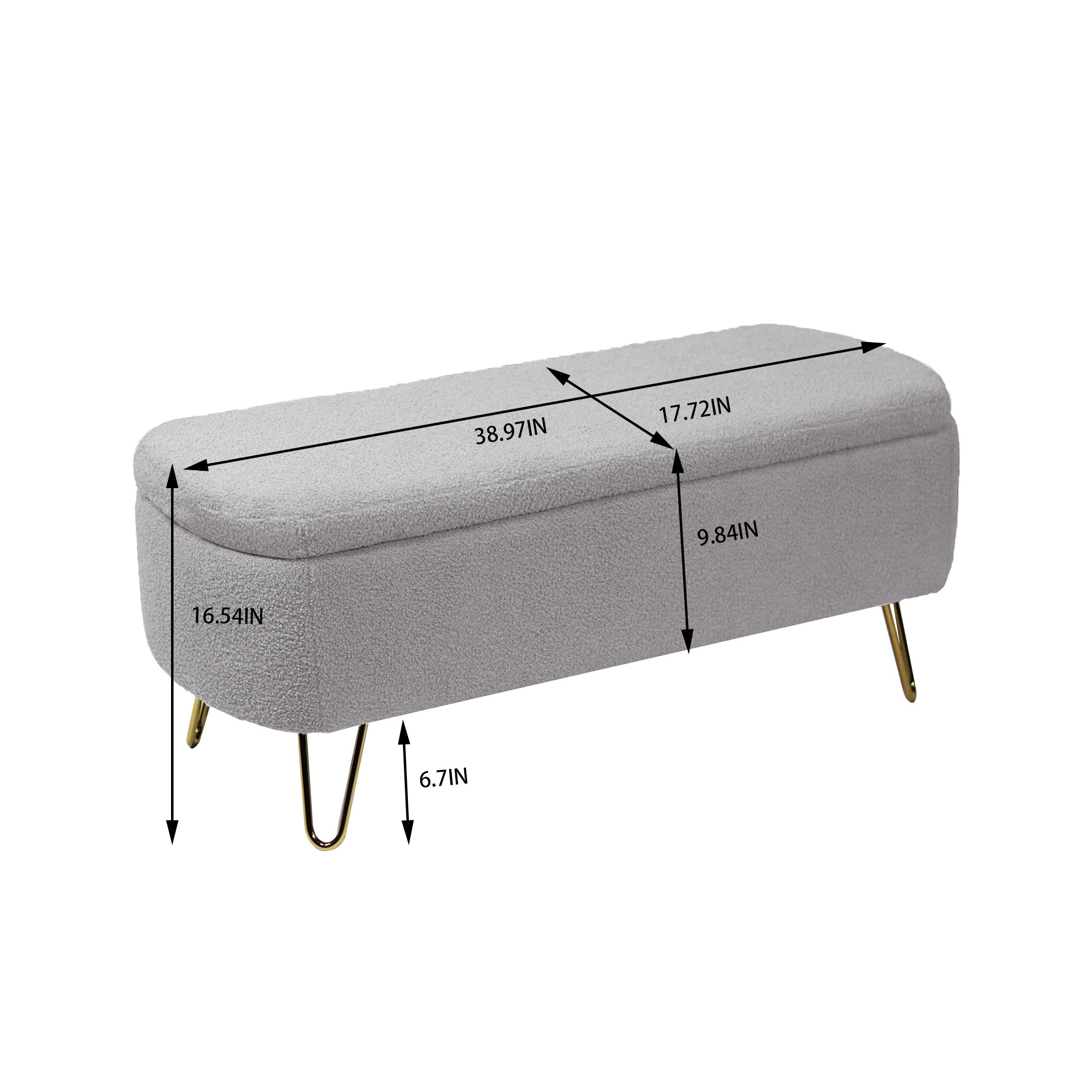NOBLEMOOD Storage Ottoman Bench for End of Bed w/ Gold Legs, Modern Grey Faux Fur Entryway Bench Upholstered Padded with Storage for Living Room Bedroom