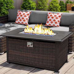 48'' Propane Gas Fire Pit Table 50000 BTU Auto-Ignition W/ Aluminium Tabletop, Metal Lid, Glass Beads & Waterproof Fabric Cover, Brown