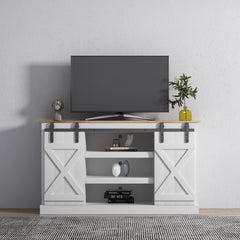 Farmhouse TV Stand with Sliding Barn Doors & Flat Screen for 60 Inch TV, White