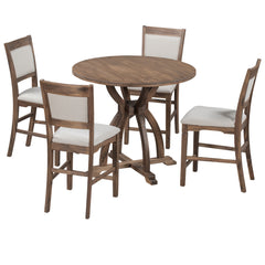 Farmhouse 5-Piece Round Dining Table Set with Trestle Legs & 4 Upholstered Dining Chairs, Brown