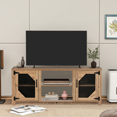 Modern TV Stand for 65” TV with Large Storage Space, 3 Levels Adjustable Shelves & Magnetic Cabinet Door, Natural Wood