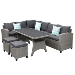 5 Piece Patio Dining Set with Ottoman and Throw Pillows