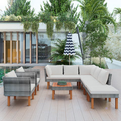 9-Piece Outdoor Gray Rattan Sofa Set with Wood Legs, Acacia Wood Tabletop, Armrest Chairs with Beige Cushions