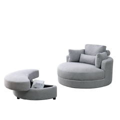 Swivel Accent Barrel Sofa Lounge Club Big Round Chair with Storage Ottoman, Pillows, Grey