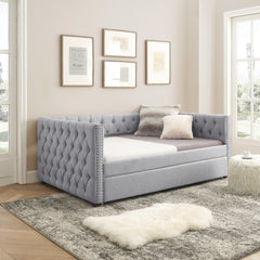 NOBLEMOOD Linen Full Daybed with Twin Trundle Upholstered Tufted Sofa Bed, Light Grey