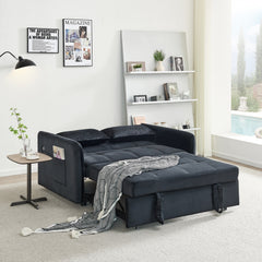 3 In 1 Velvet Sleeper Sofa Bed W/ Reclining Backrest, Toss Pillows, Pockets, Dark Blue