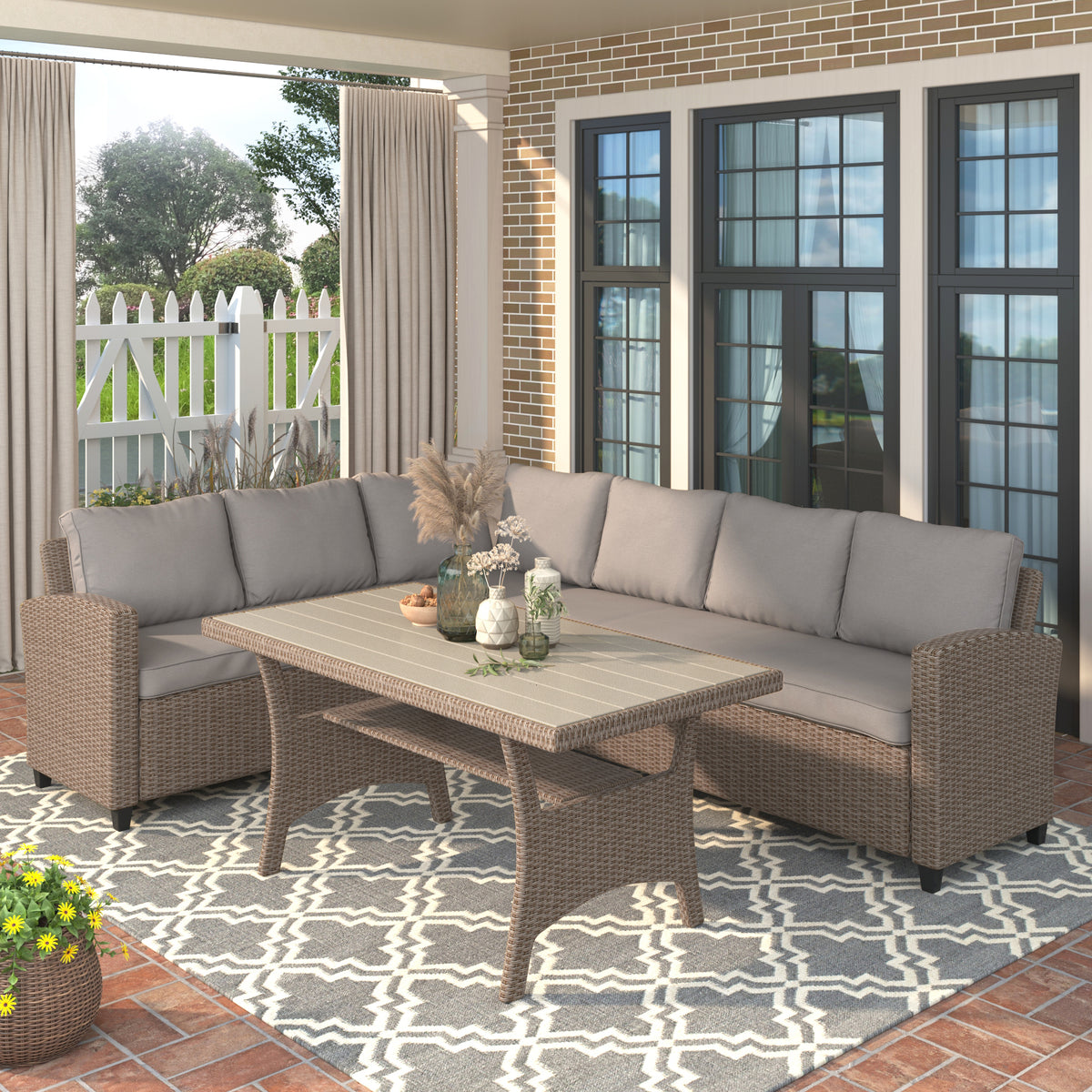Patio Rattan Dining Set All-Weather Sectional Sofa with Table & Cushions